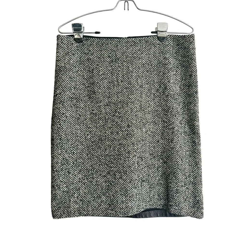 Shelli Segal Wool Blend Leather Herringbone Skirt Vintage 90s size 8